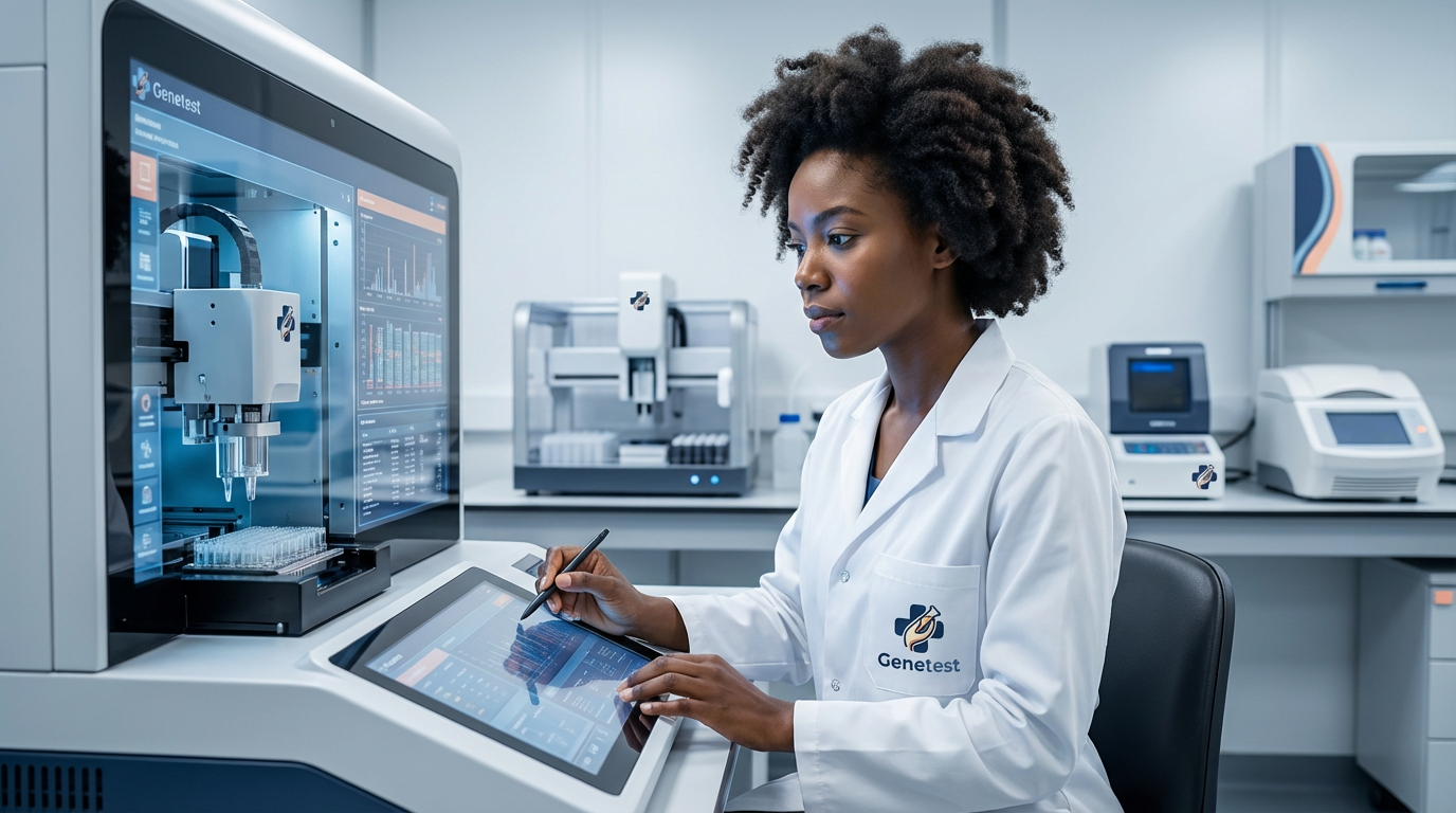 Laboratory technician analyzing samples under microscope